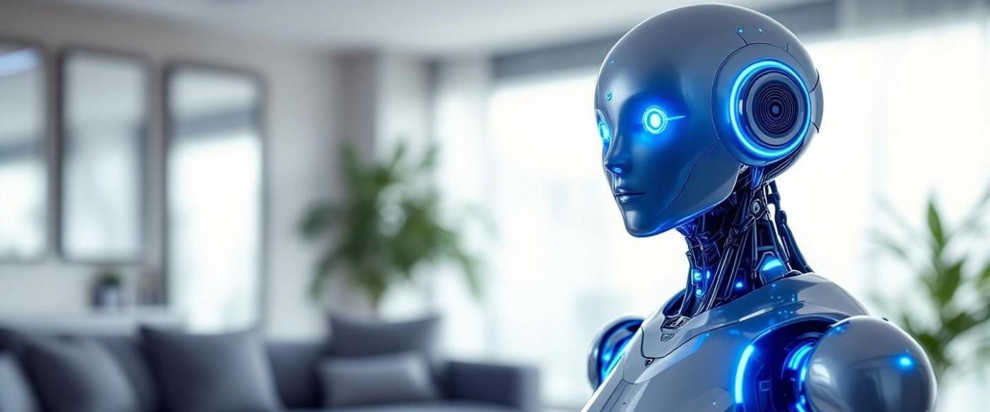 Blue humanoid robot in a bright living room