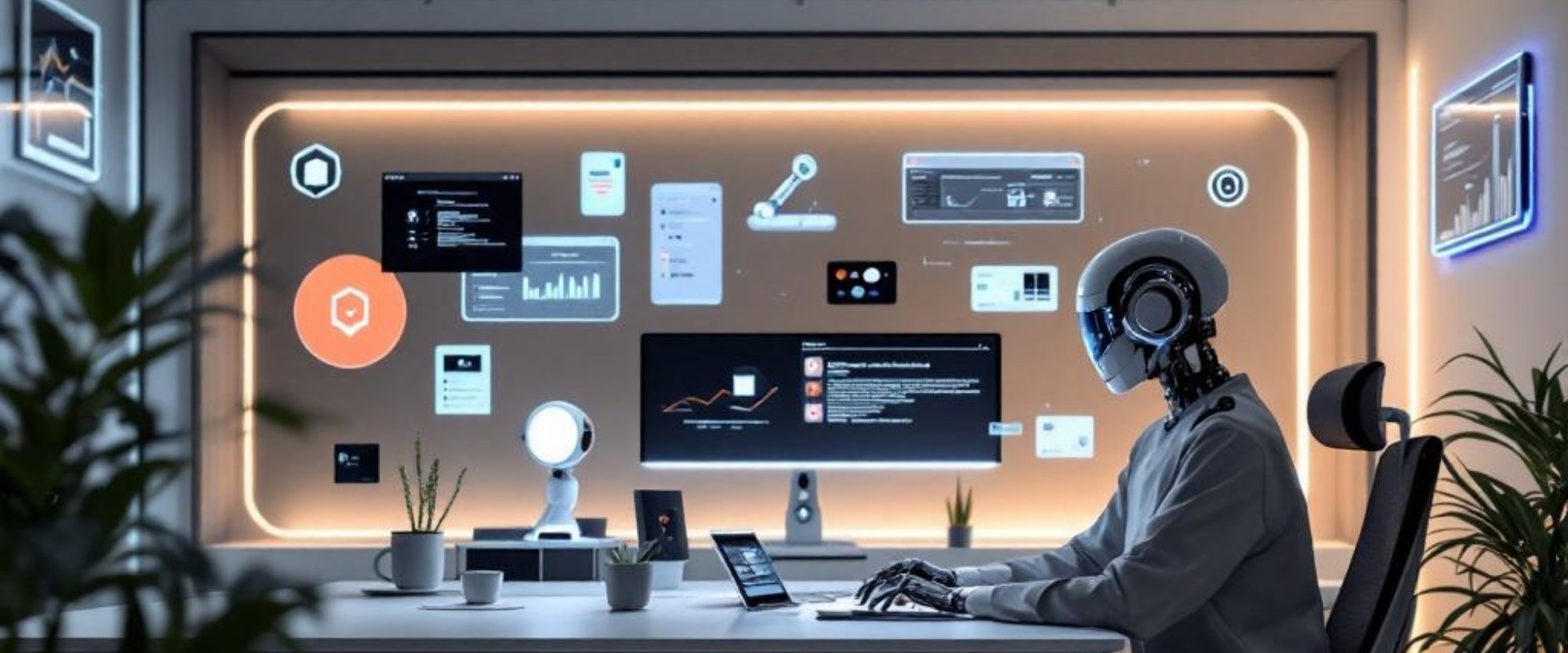 Humanoid robot working at a smart office desk