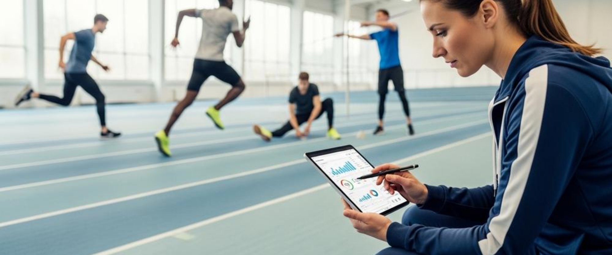 Coach analyzing athletes on a tablet at an indoor track